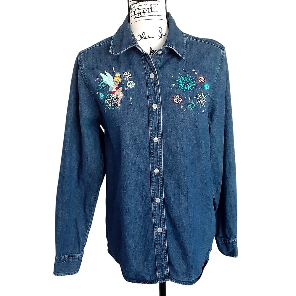 Vintage Disney Tinkerbell Christmas Embroidered Chambray Shirt Denim Button Up M